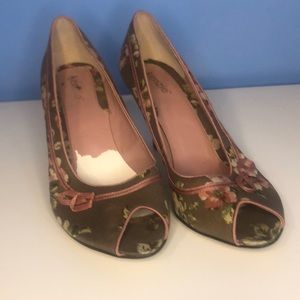 Brown and pink floral peep toe heels